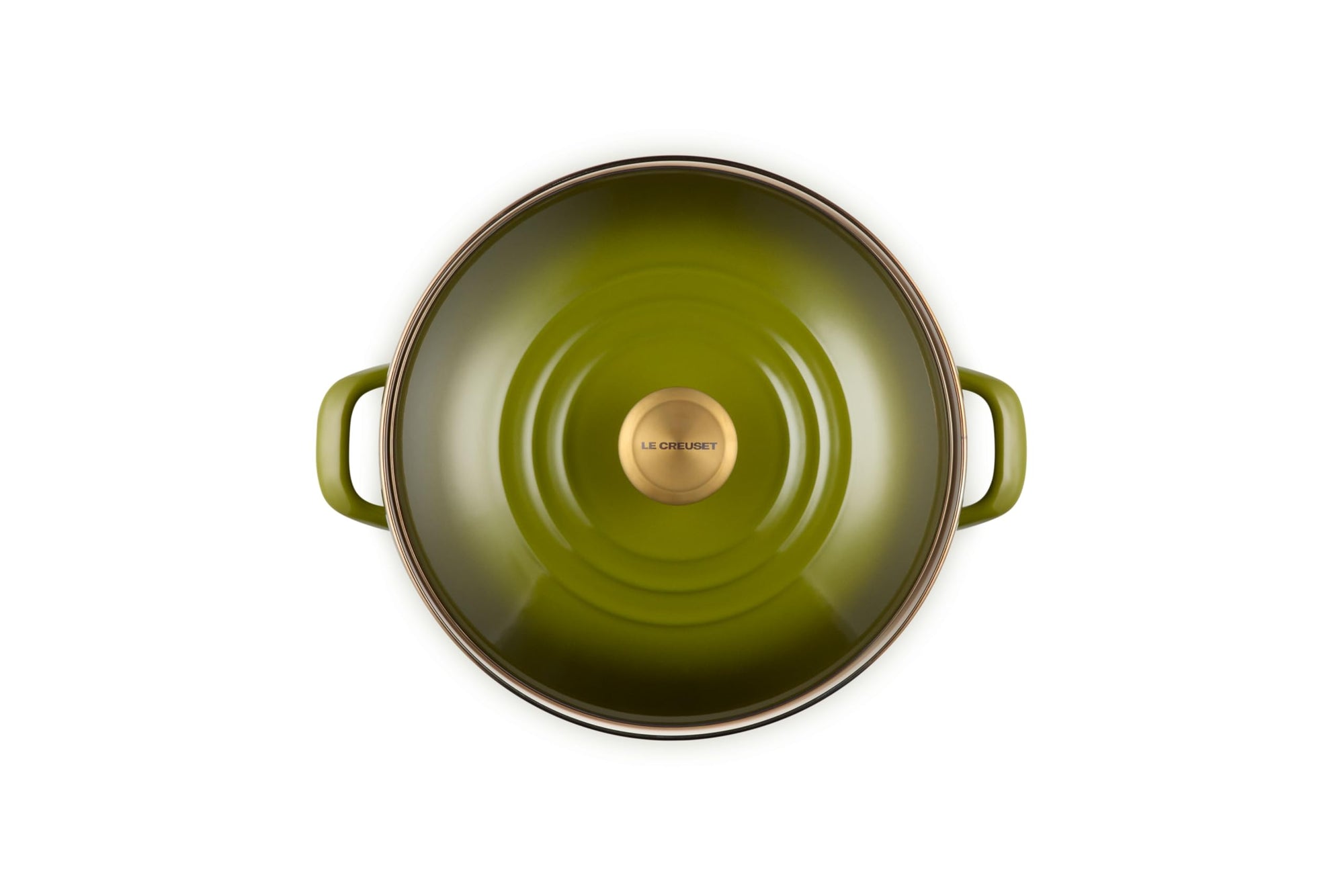Top view of olive pot and olive lid on a white background