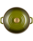 Top view of olive pot and olive lid on a white background