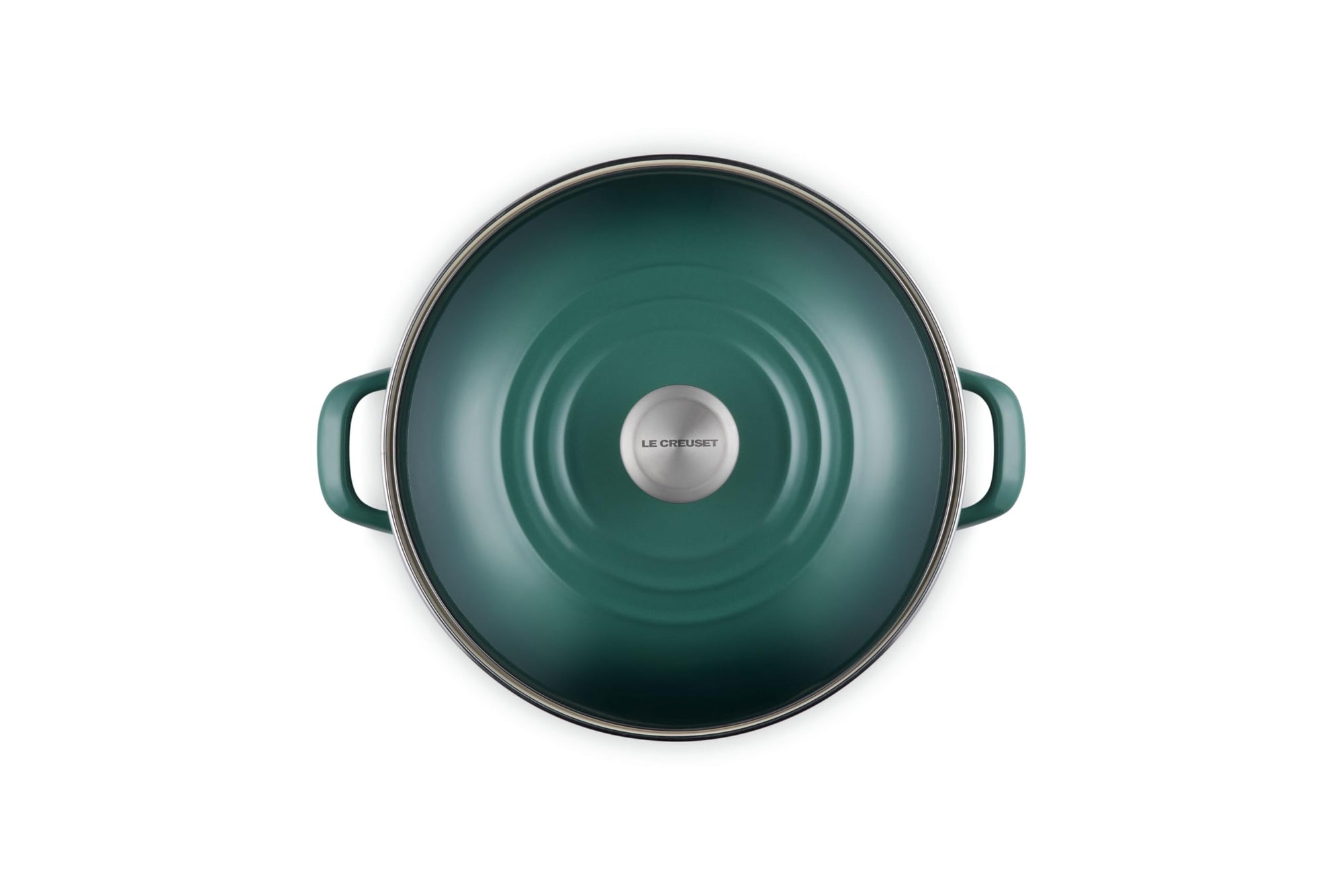 Top view of artichaut pot and artichaut lid on a white background