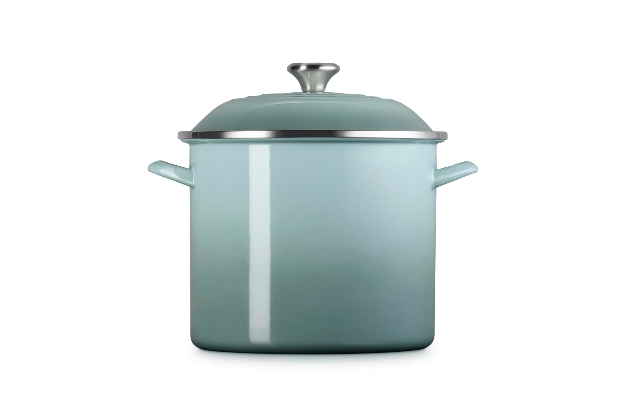 Front view of sea salt pot and sea salt lid on a white background