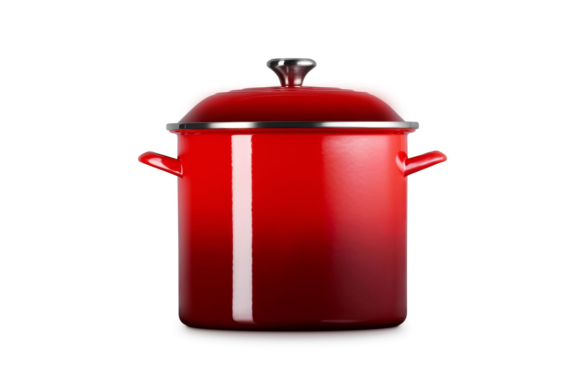 Front view of cerise pot and cerise lid on a white background