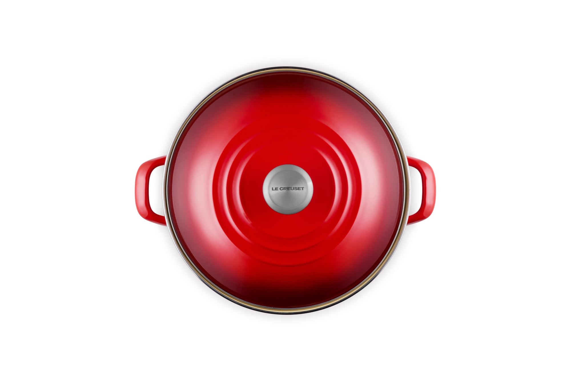 Top view of cerise pot and cerise lid on a white background
