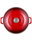 Top view of cerise pot and cerise lid on a white background