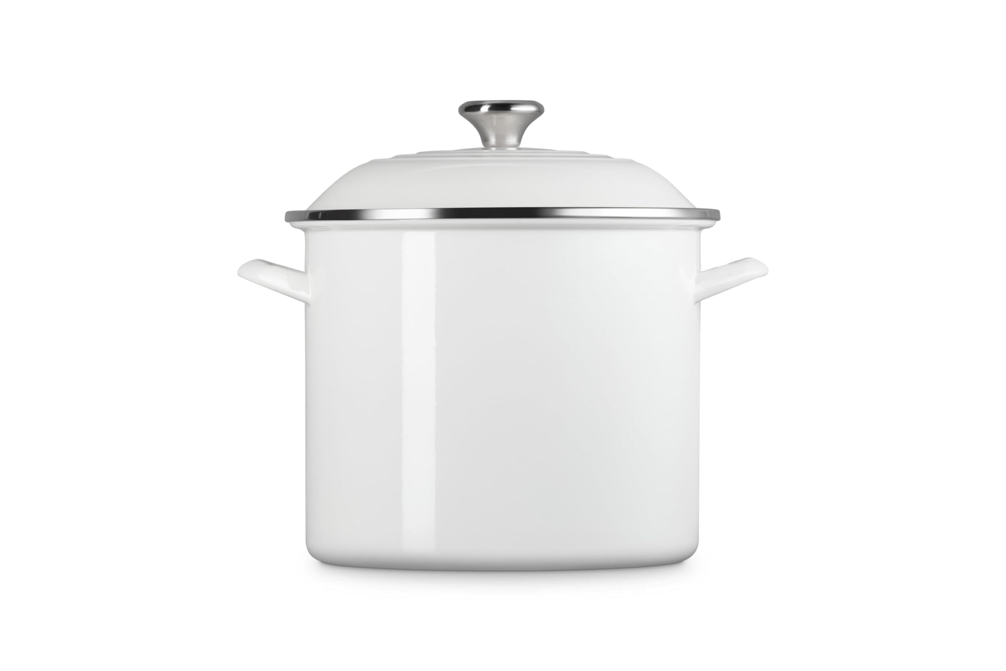 Front view of white pot and white lid on a white background