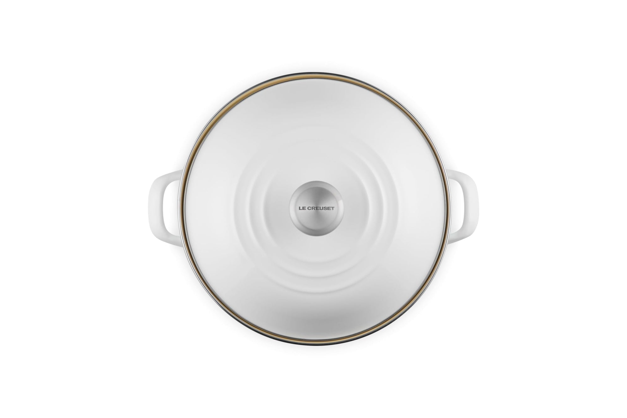 Top view of white pot and white lid on a white background