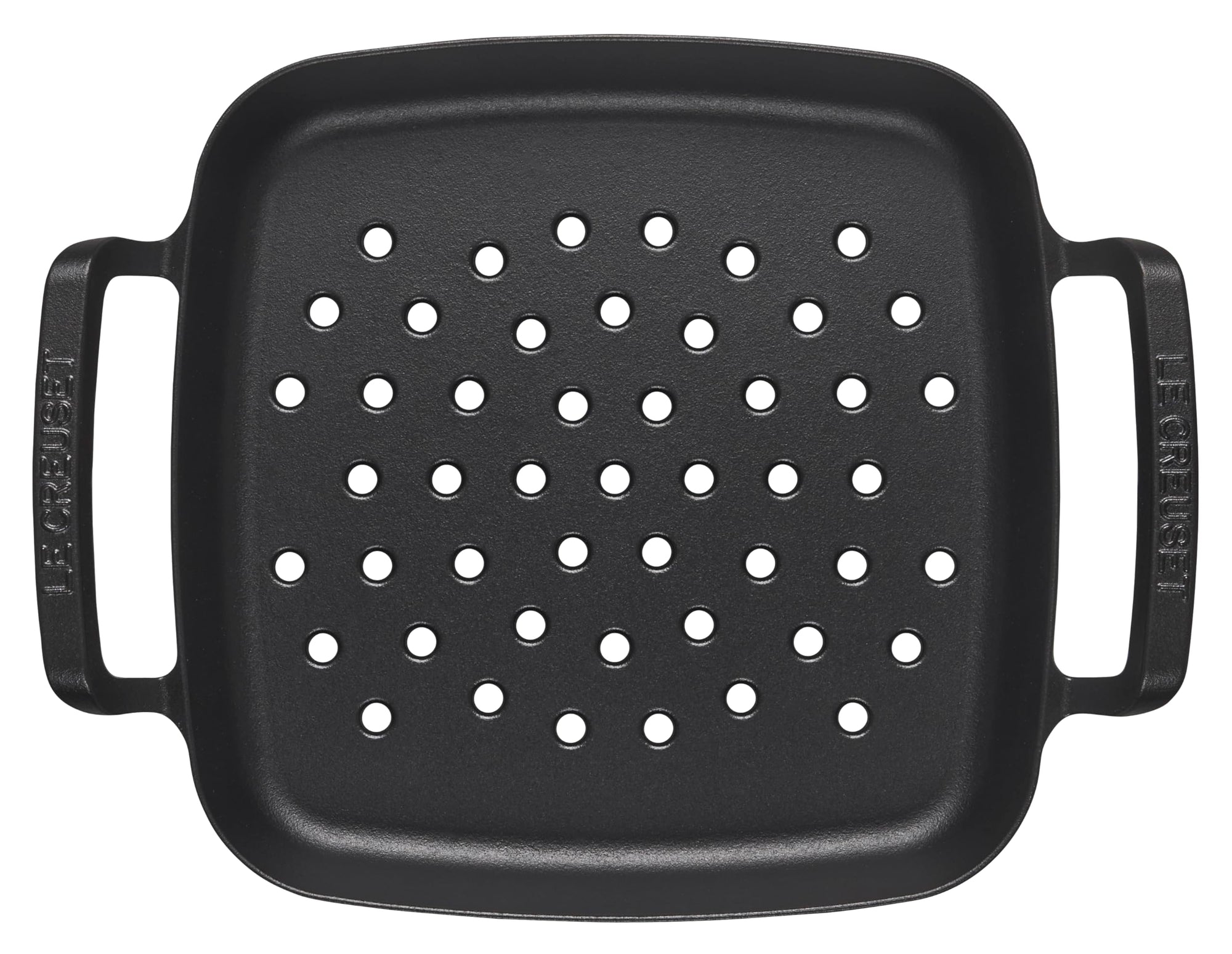 Black grill pan with handles on a white background