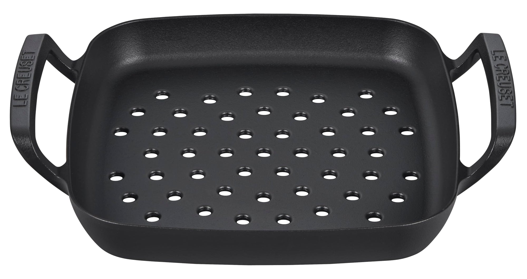 Black square grill pan with handles on a white background