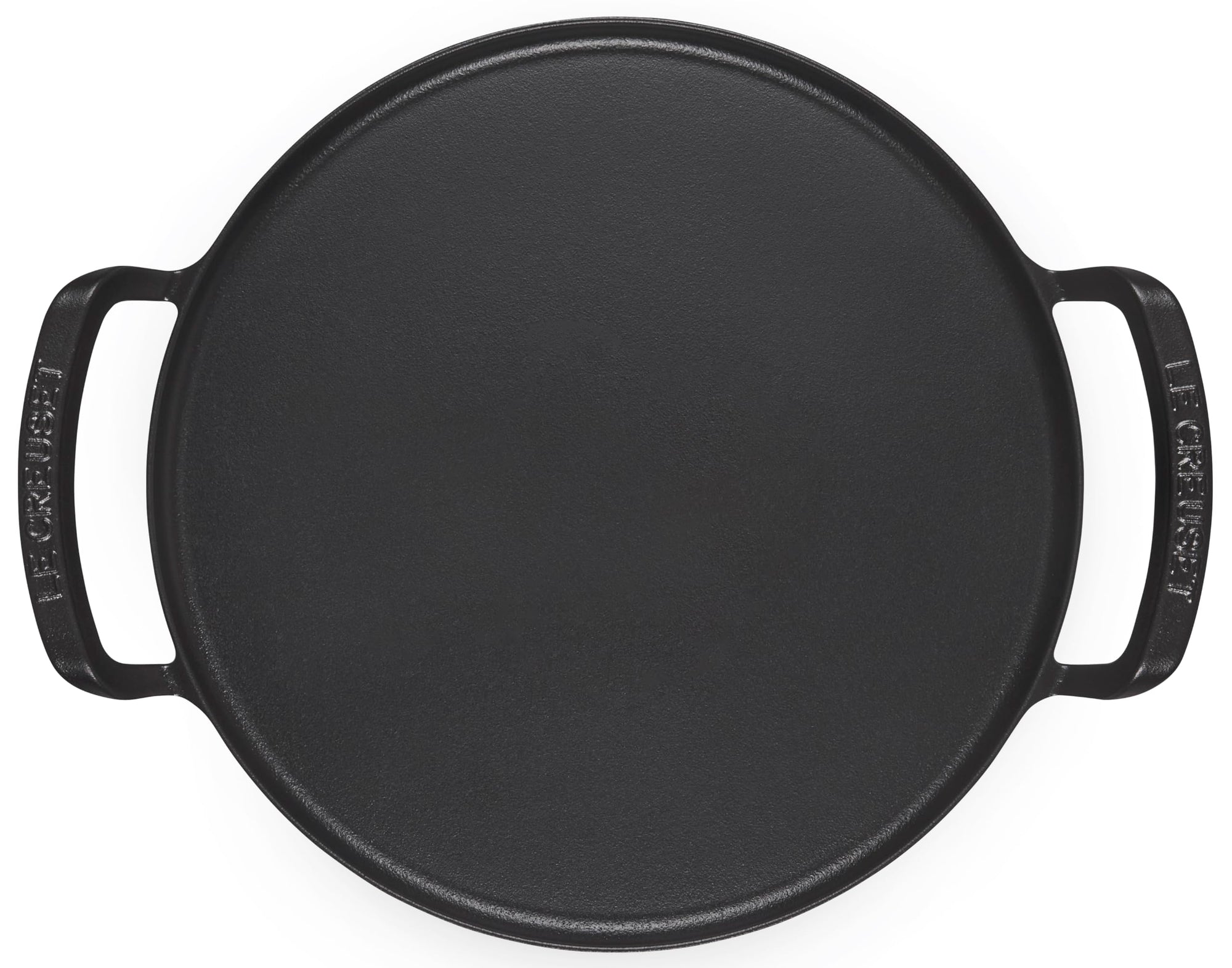Black cast iron skillet with handles on a white background