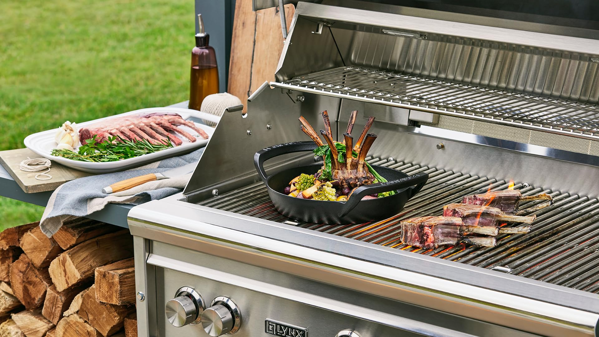 Outdoor grill with food being cooked on a sunny day