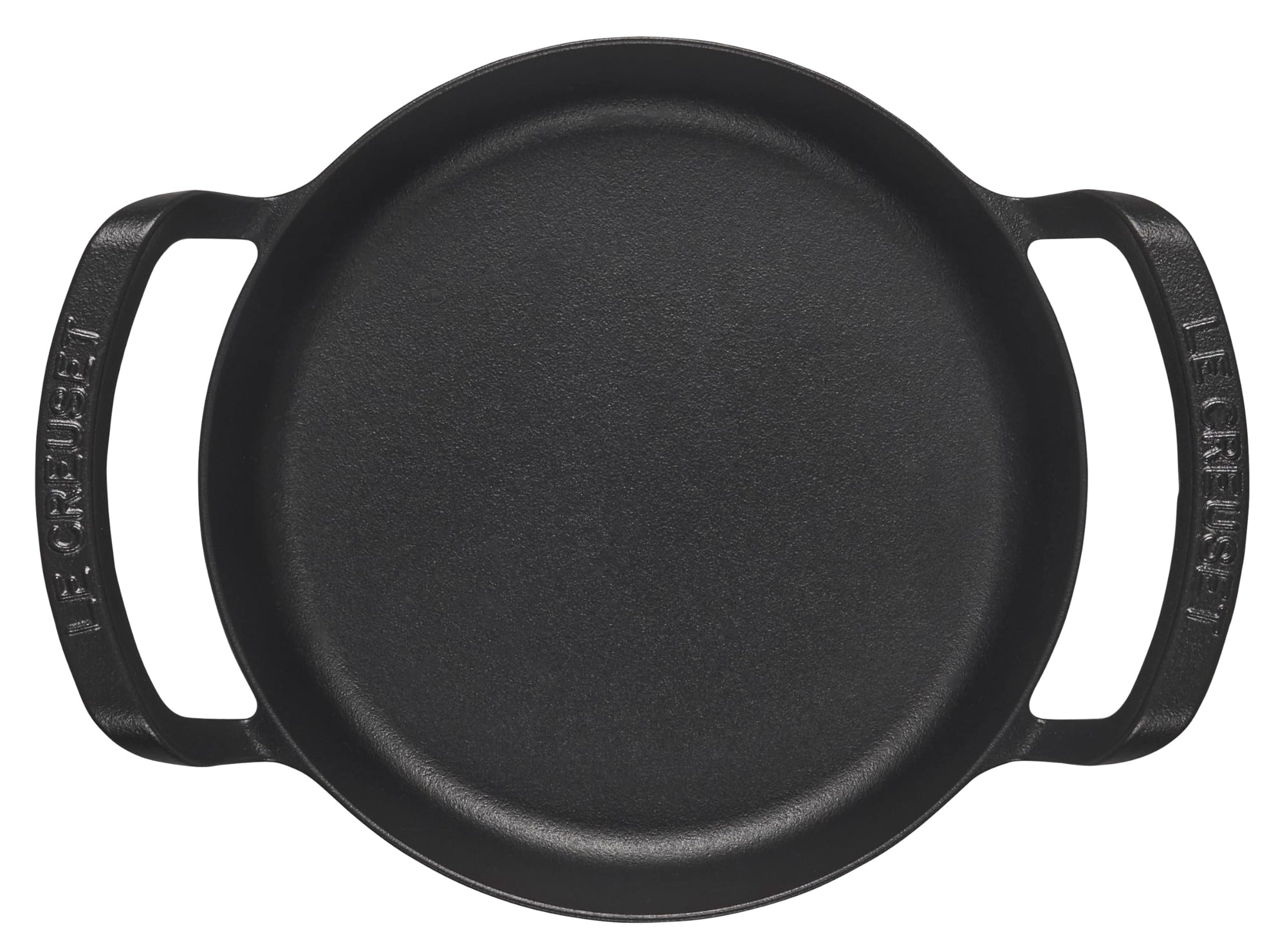 Black cast iron skillet with handles on a white background