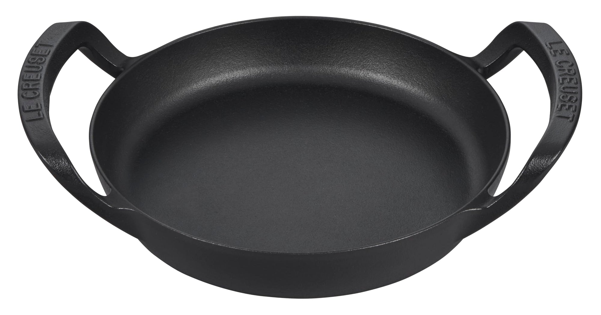 Black cast iron skillet with handles on a white background