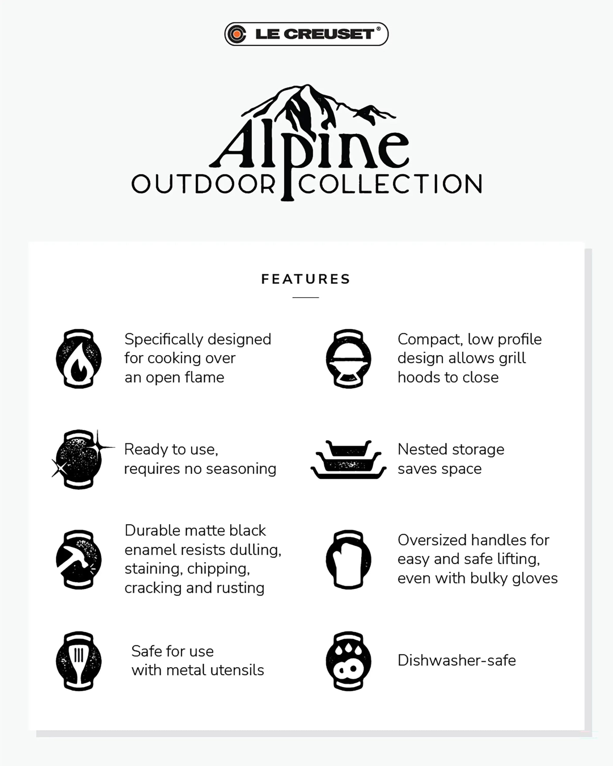 Le Creuset Alpine Outdoor Collection features on a white background