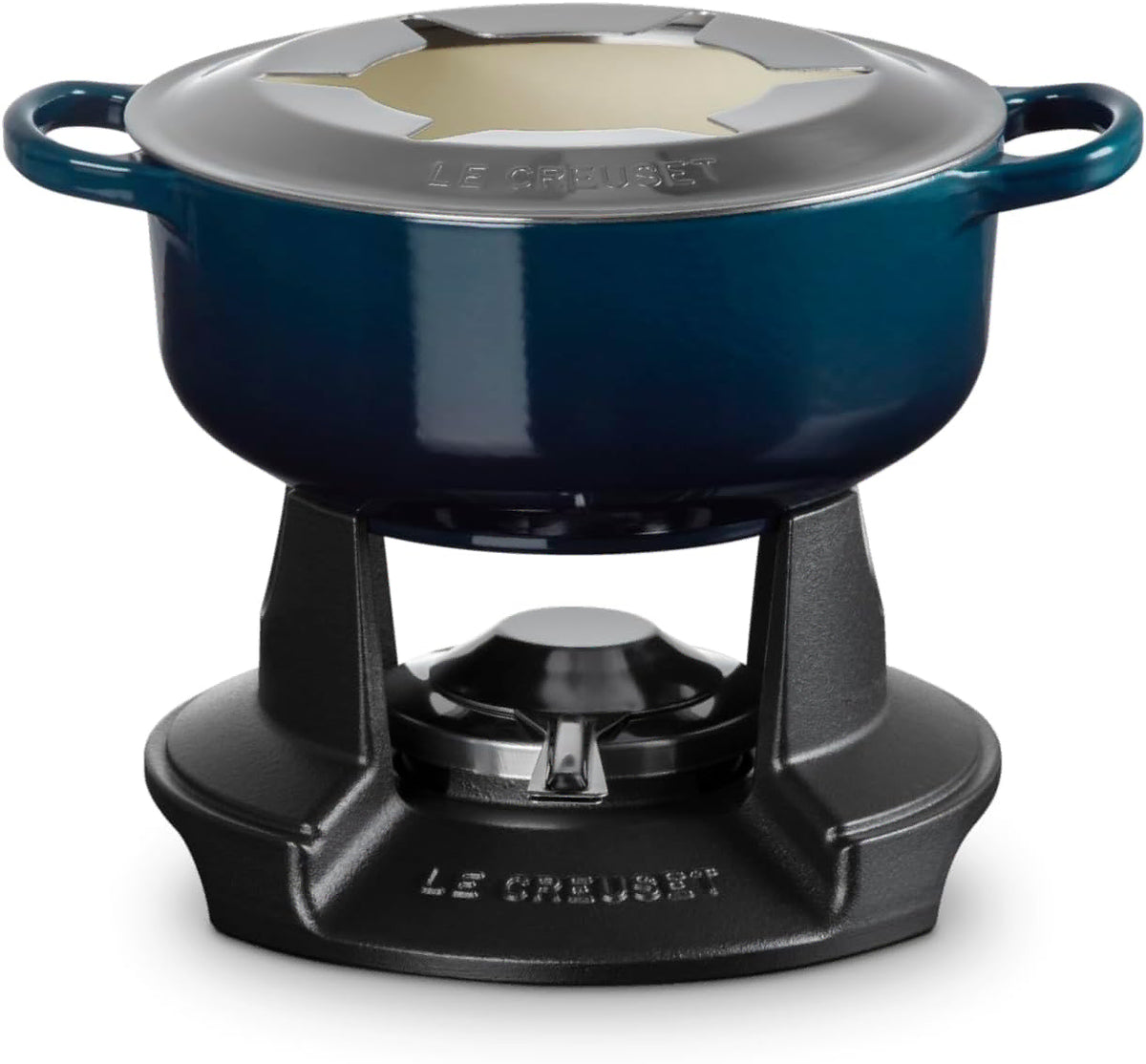 Le Creuset enameled cast iron pot with lid, shown on a black burner base against a white background.