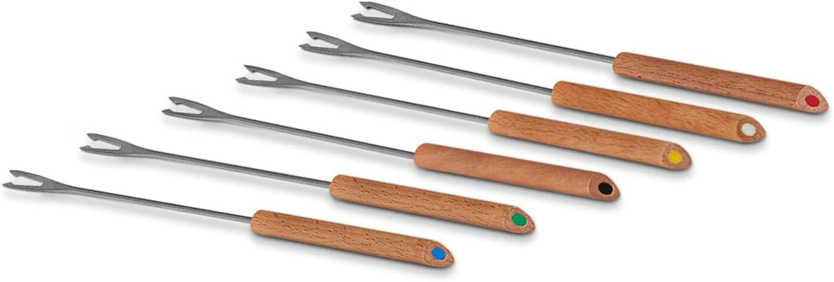 Six barbecue skewers with long stainless steel forks and wooden handles in different colors, arranged diagonally on a white background.
