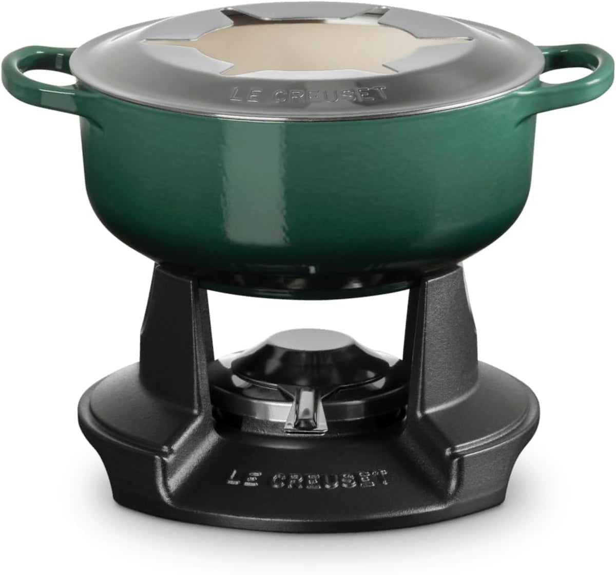 Le Creuset enameled cast iron pot with handles and a lid, shown on a black burner base against a white background.