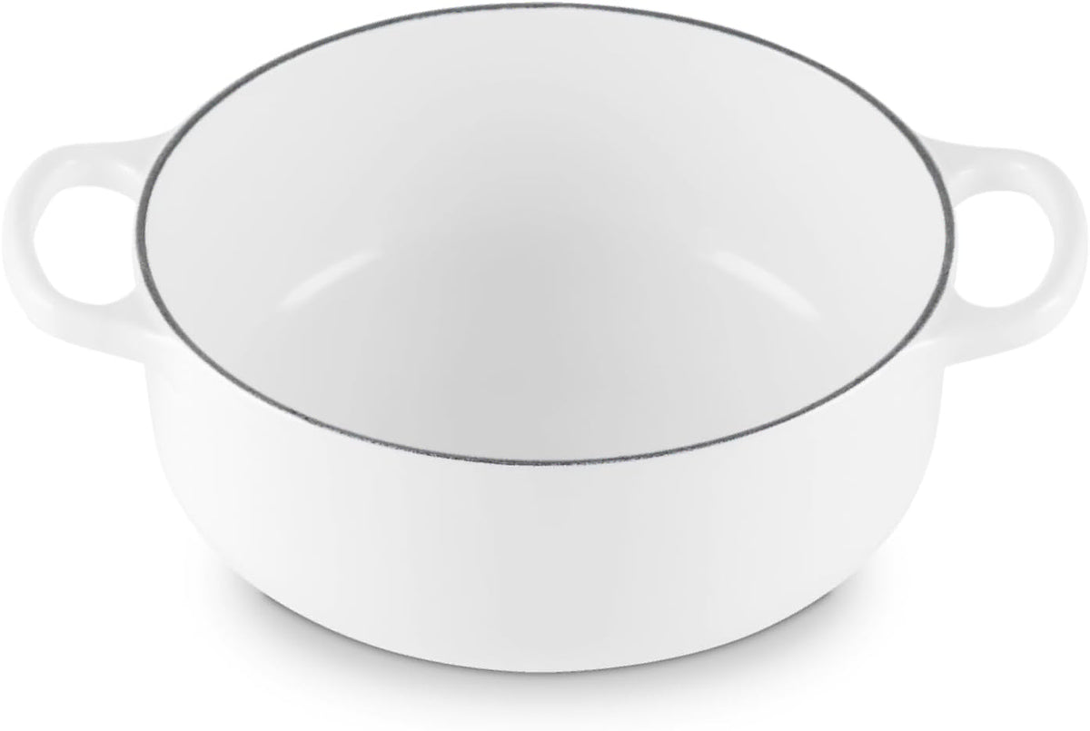 A white enameled cast iron Dutch oven with two side handles and a thin dark rim, shown from a top-down angle on a white background.