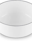 A white enameled cast iron Dutch oven with two side handles and a thin dark rim, shown from a top-down angle on a white background.