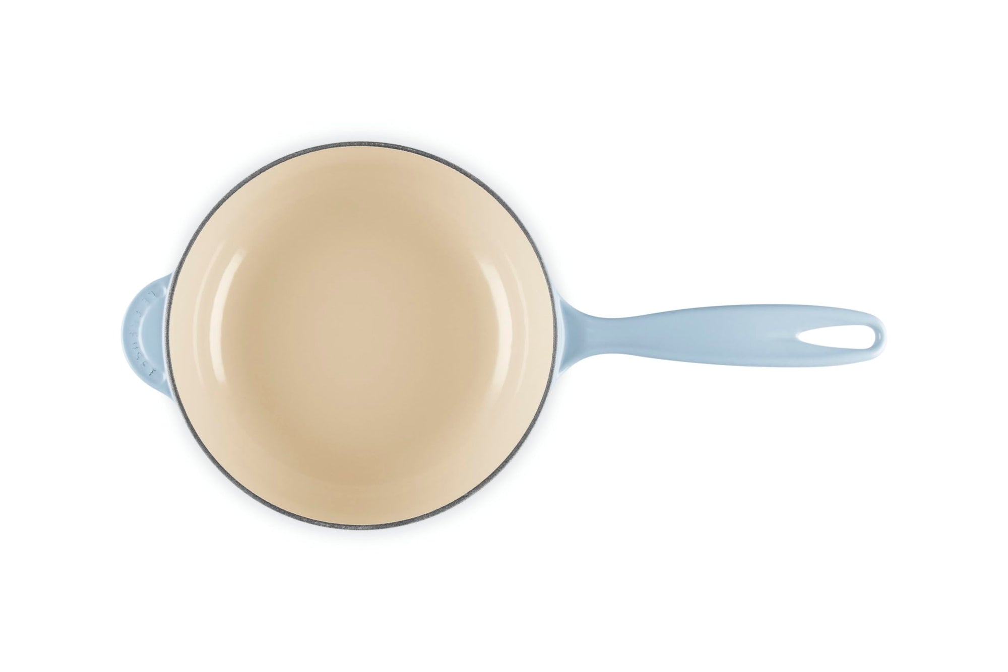 Coastal blue saucier with light interior and handle