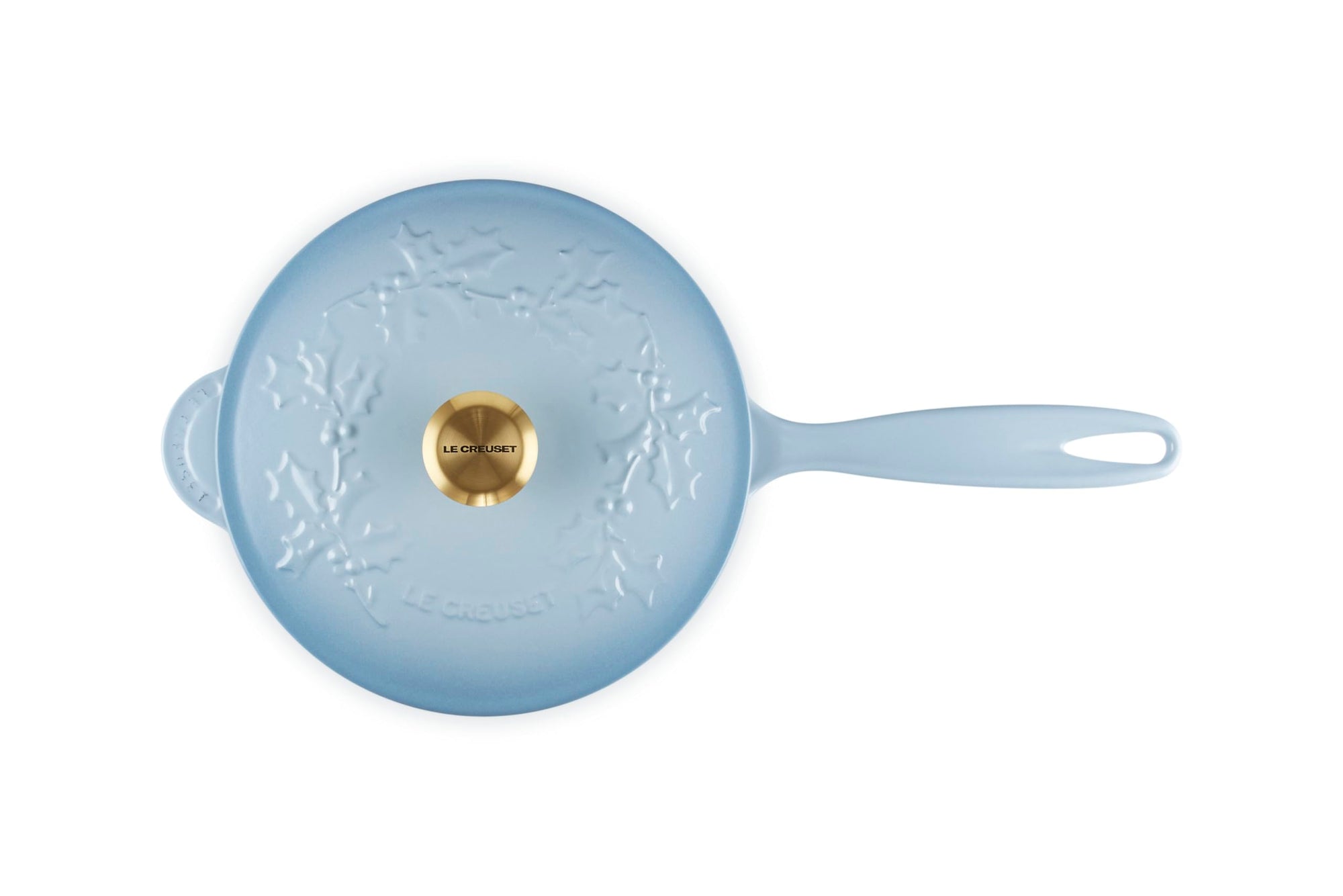 Coastal blue saucier with leaf decoration on lid with gold knob and handle