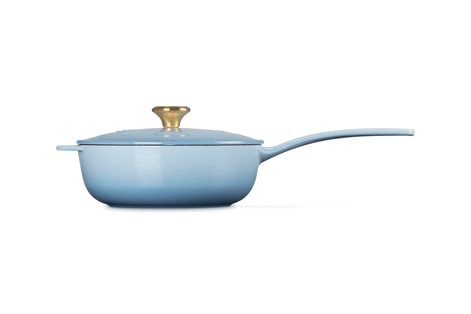 Coastal blue saucier with lid with gold knob and handle