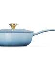Coastal blue saucier with lid with gold knob and handle