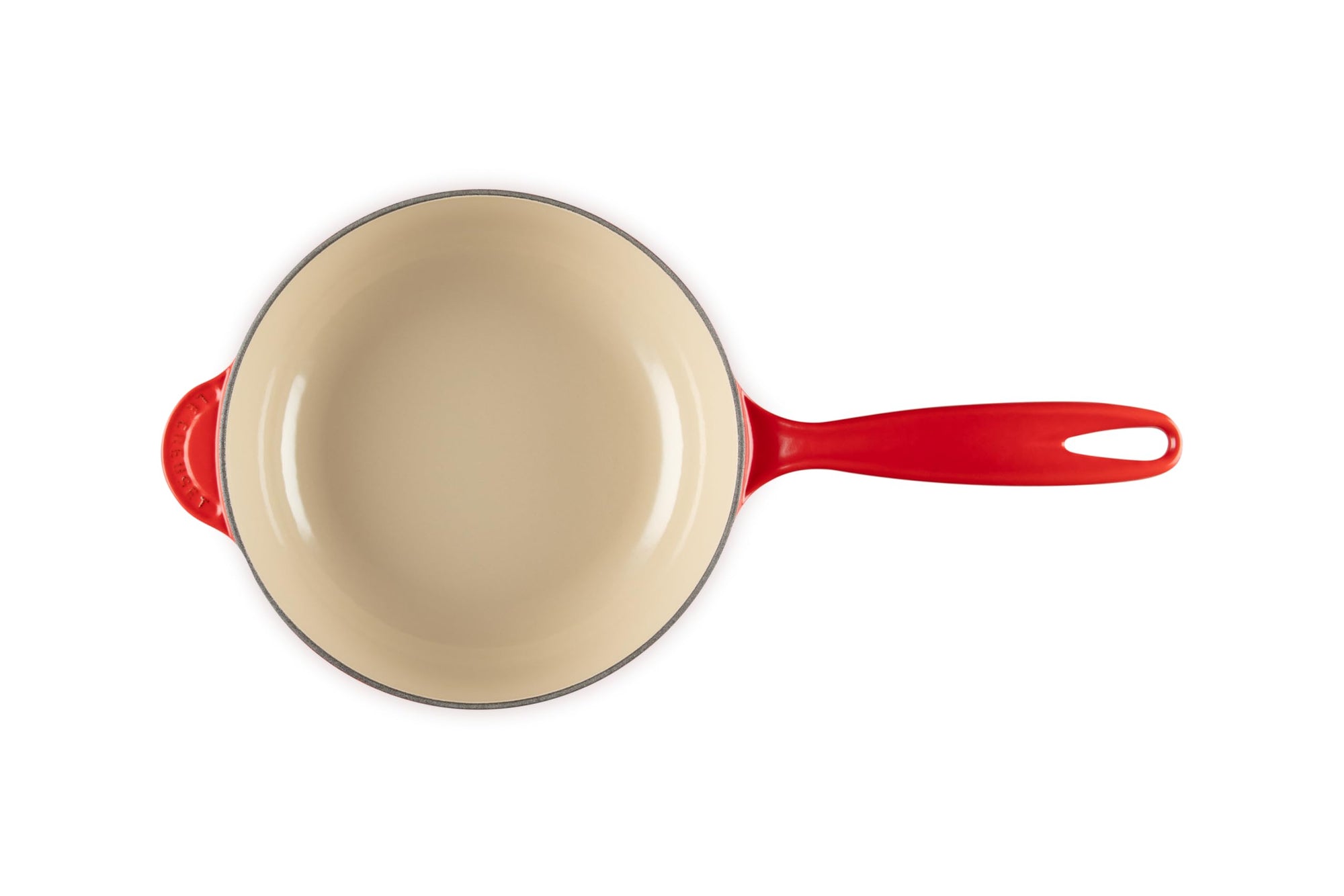 Red saucier with light interior and handle