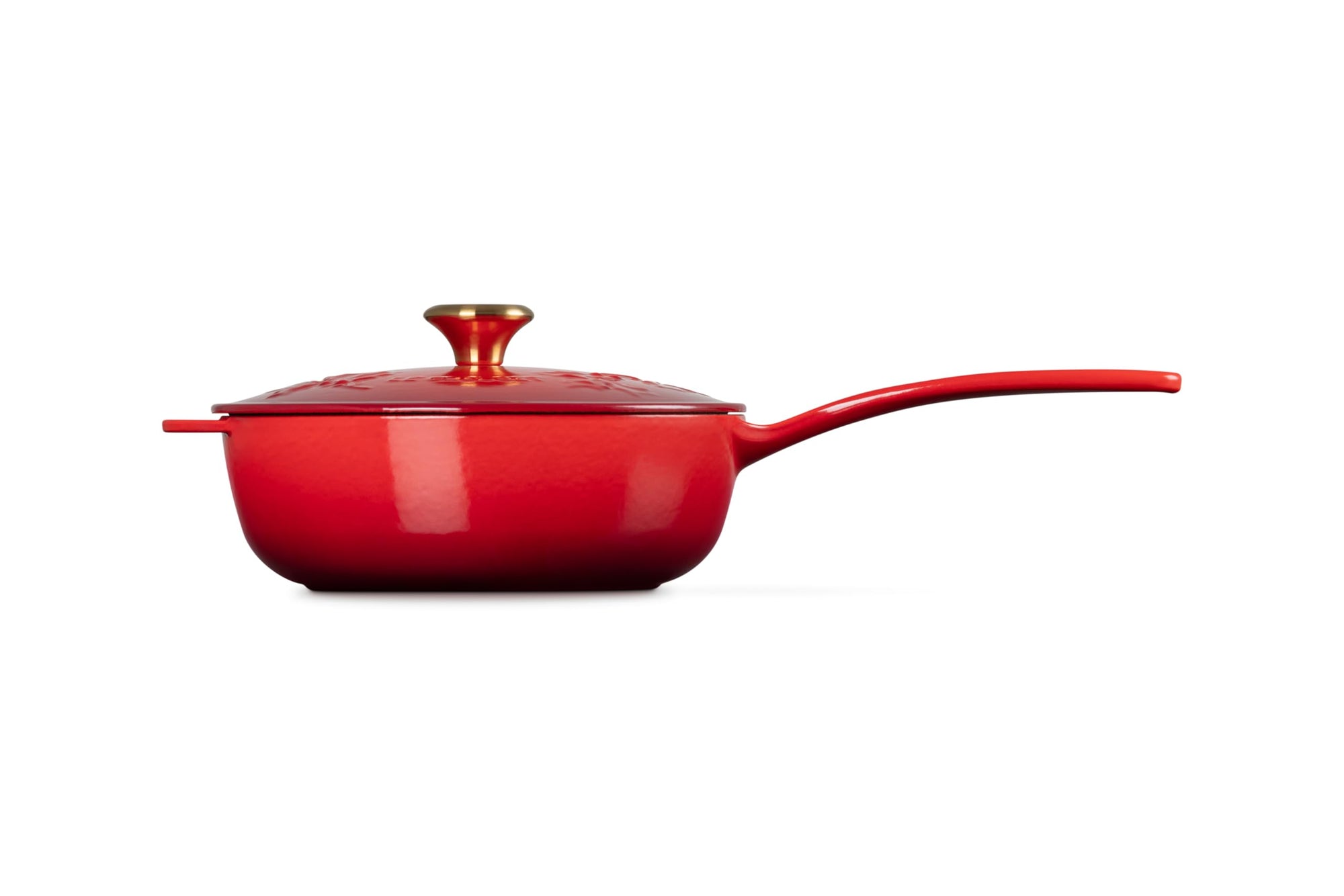 Red saucier with lid with gold knob and handle
