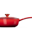 Red saucier with lid with gold knob and handle