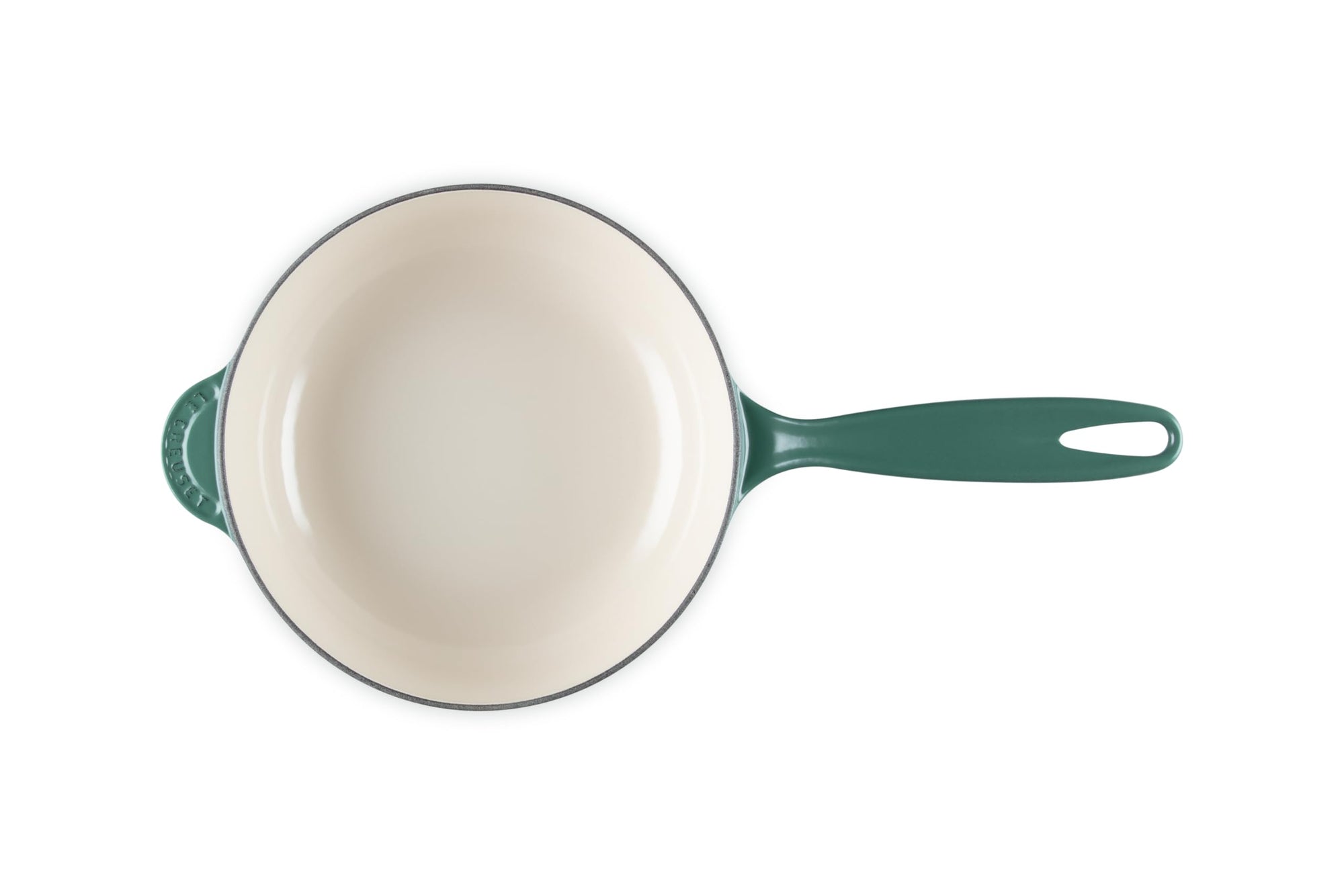 Green saucier with light interior and handle