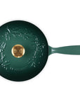Green saucier with leaf decoration on lid with gold knob and handle