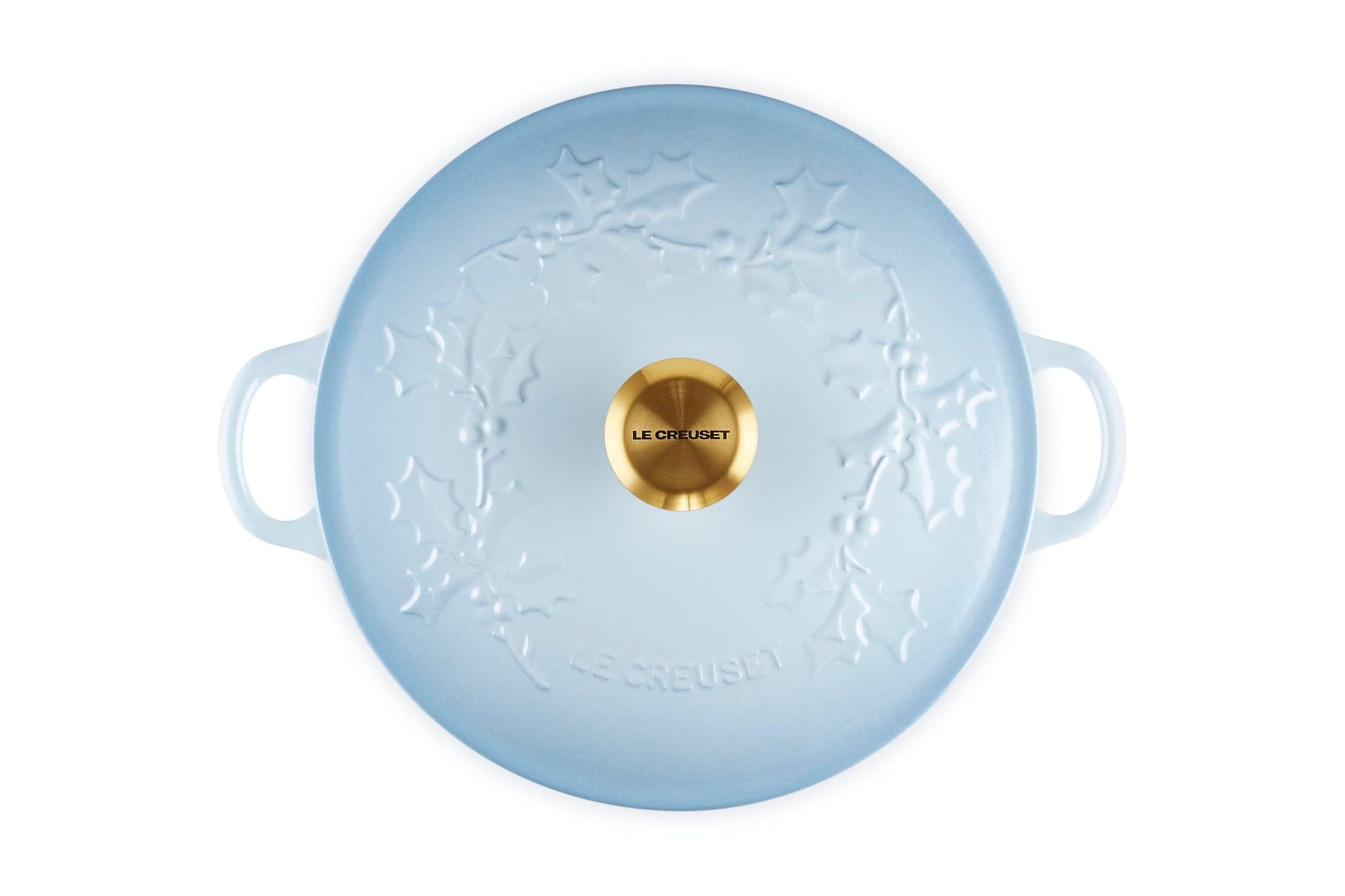 Coastal Blue soup pot with leaf decoration on the lid with gold knob and handles