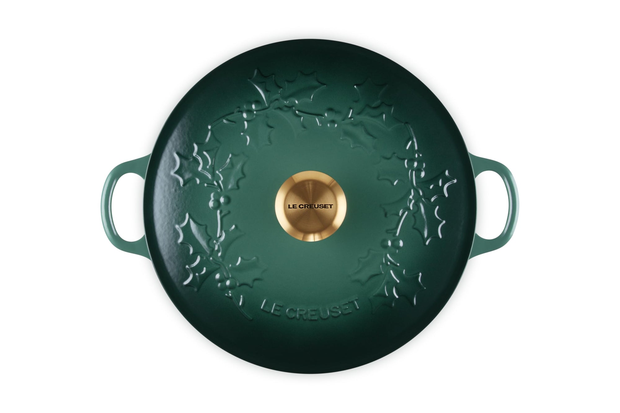 Green Soup pot with leaf decoration on lid with gold knob and handles