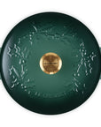 Green Soup pot with leaf decoration on lid with gold knob and handles