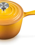 A yellow enameled cast iron saucepan with a matching lid and a silver stainless steel knob, shown on a white background.