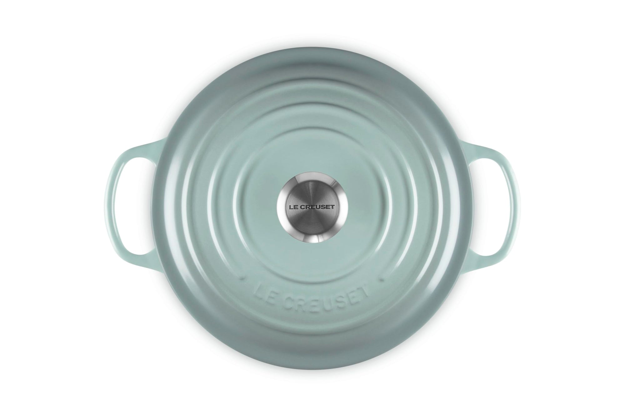 Sea salt round cast iron cookware with handles on a white background