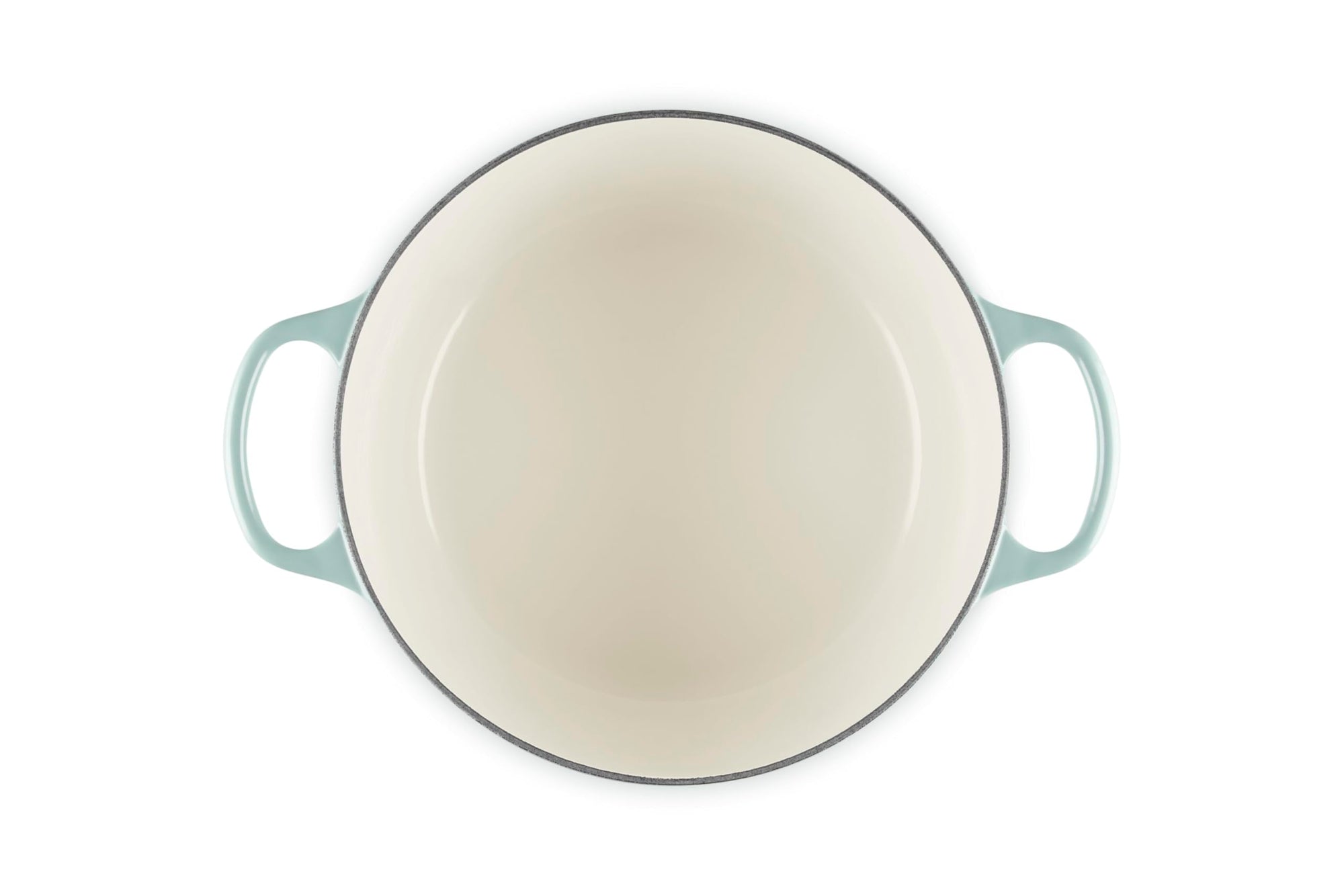 Round enamel cookware with handles on a white background