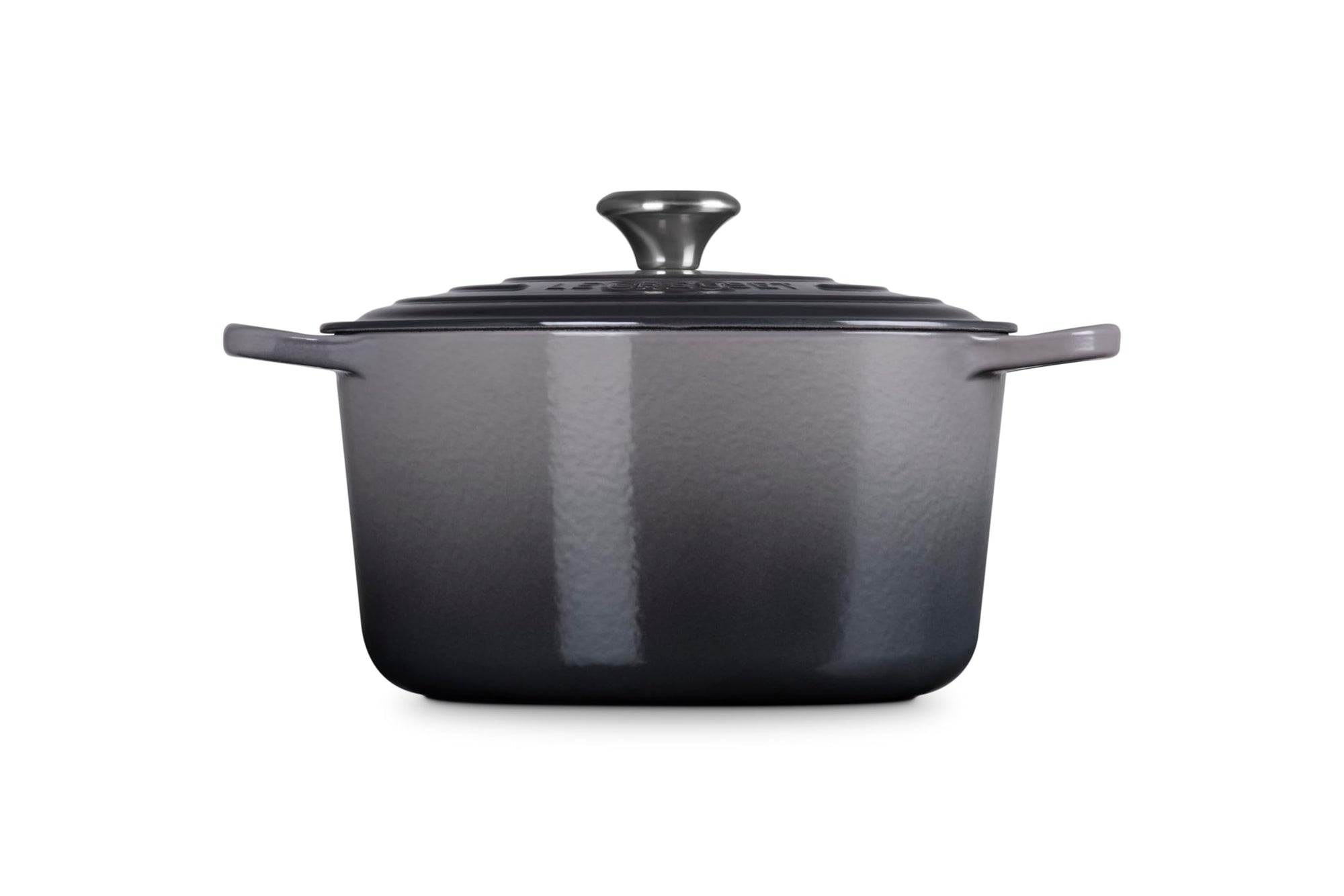 Oyster enameled cast iron Dutch oven on a white background