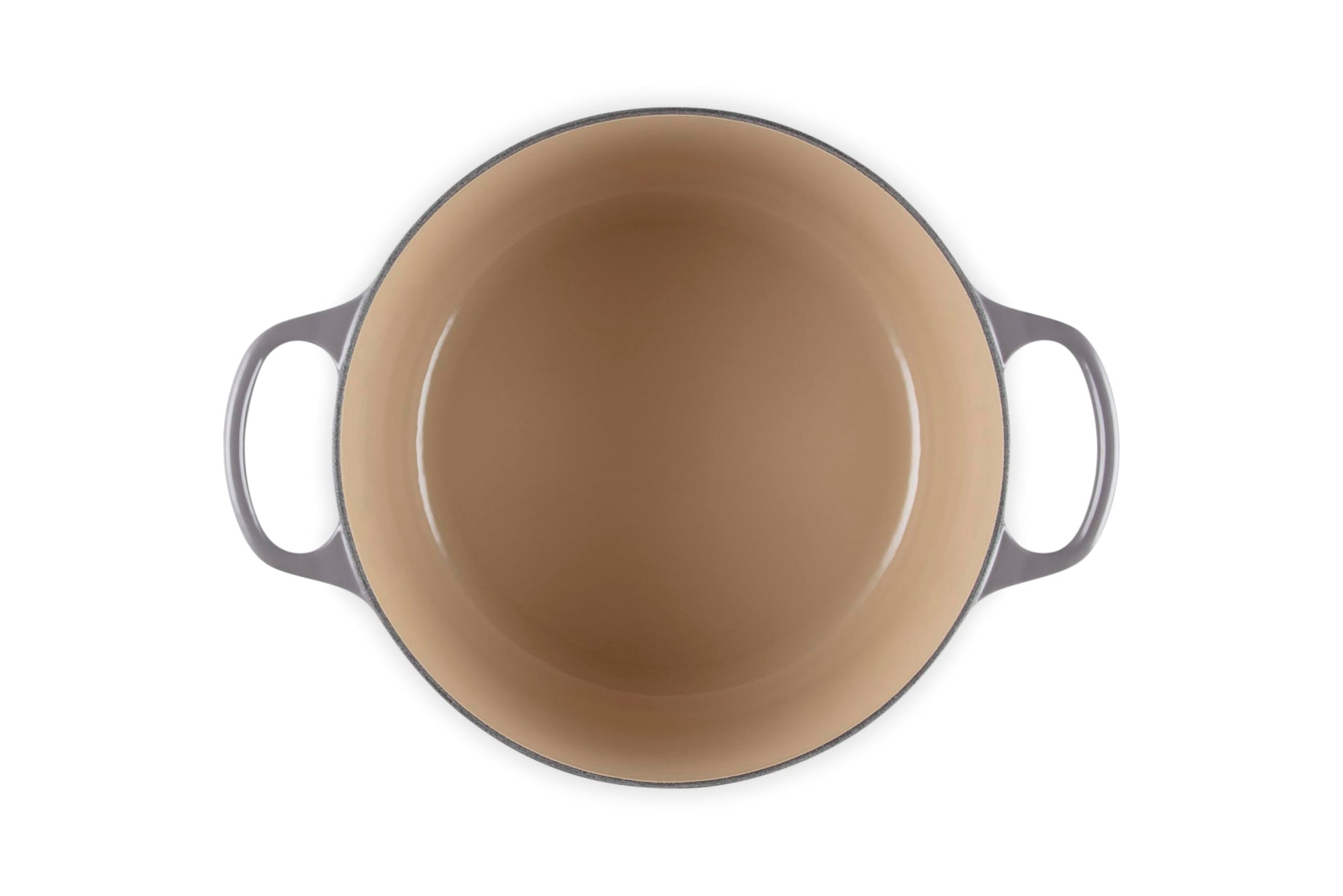 Brown enameled cast iron Dutch oven with gray handles on a white background