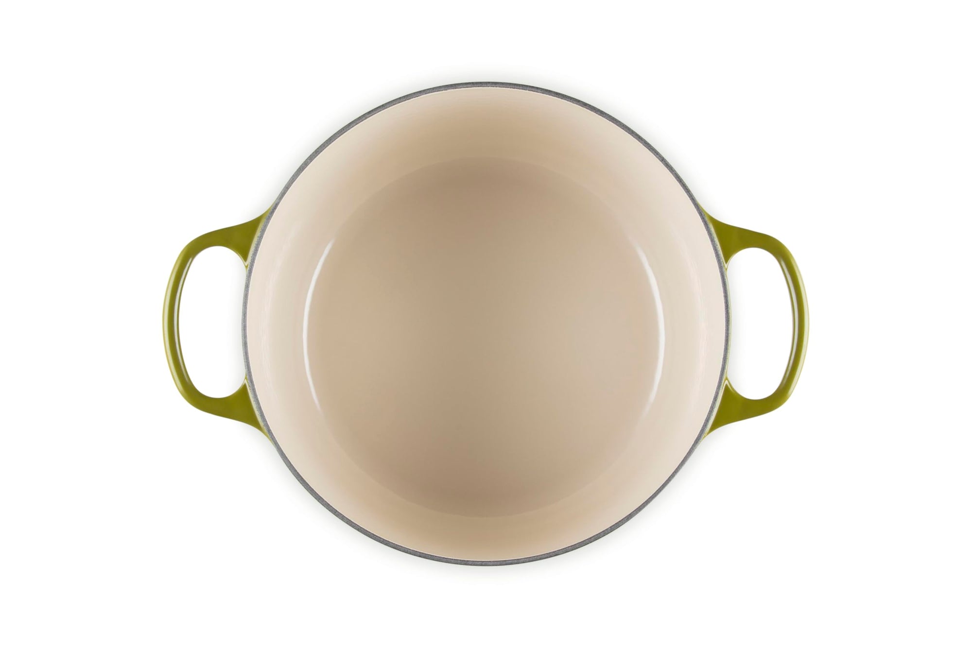 Beige enameled cast iron skillet with olive handles on a white background