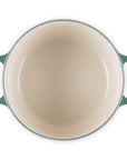 Green enameled cast iron skillet on a white background