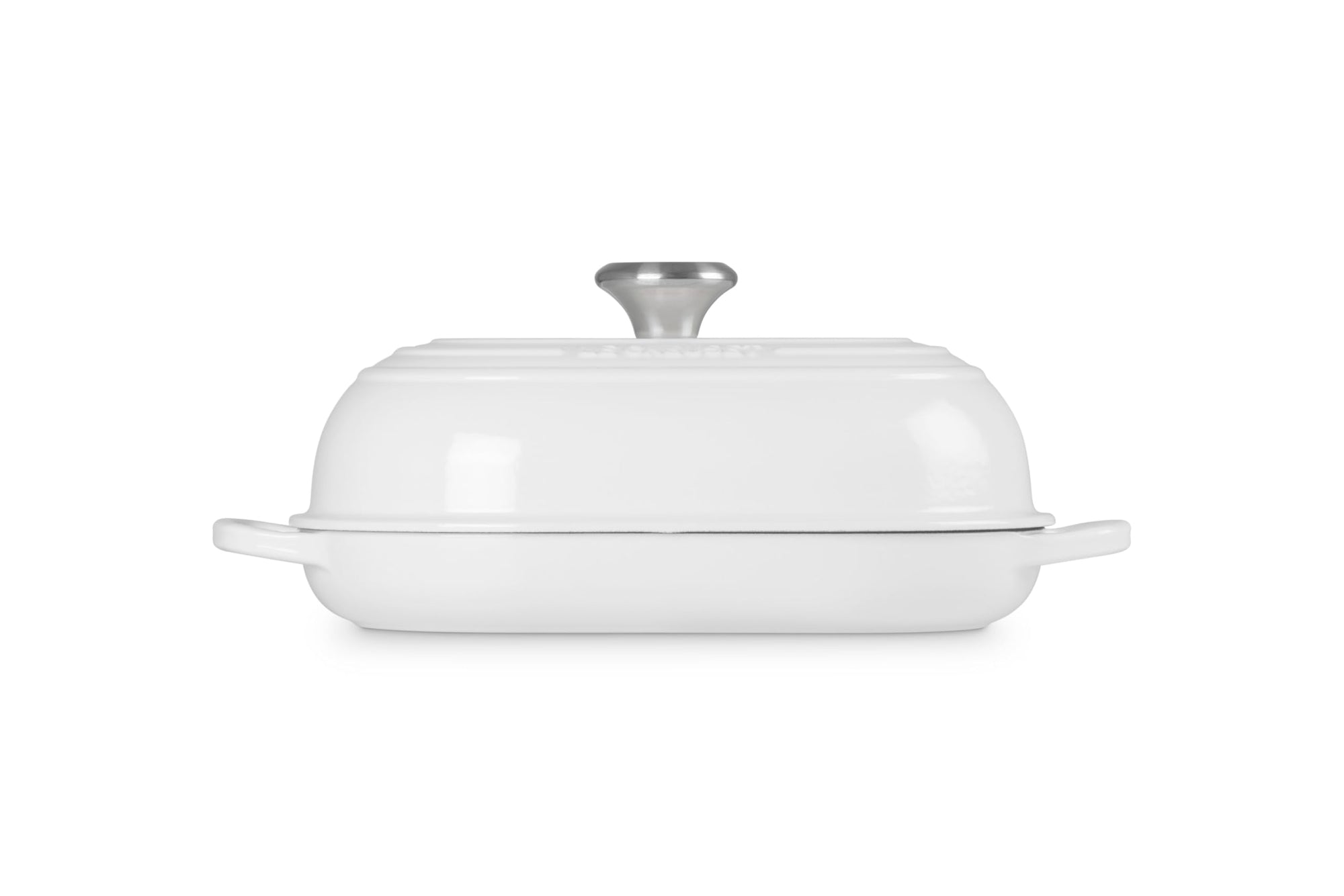 Side view of White bread oven pan with lid and handles displayed on a white background