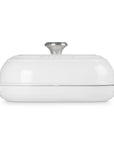 Side view of White bread oven pan with lid and handles displayed on a white background