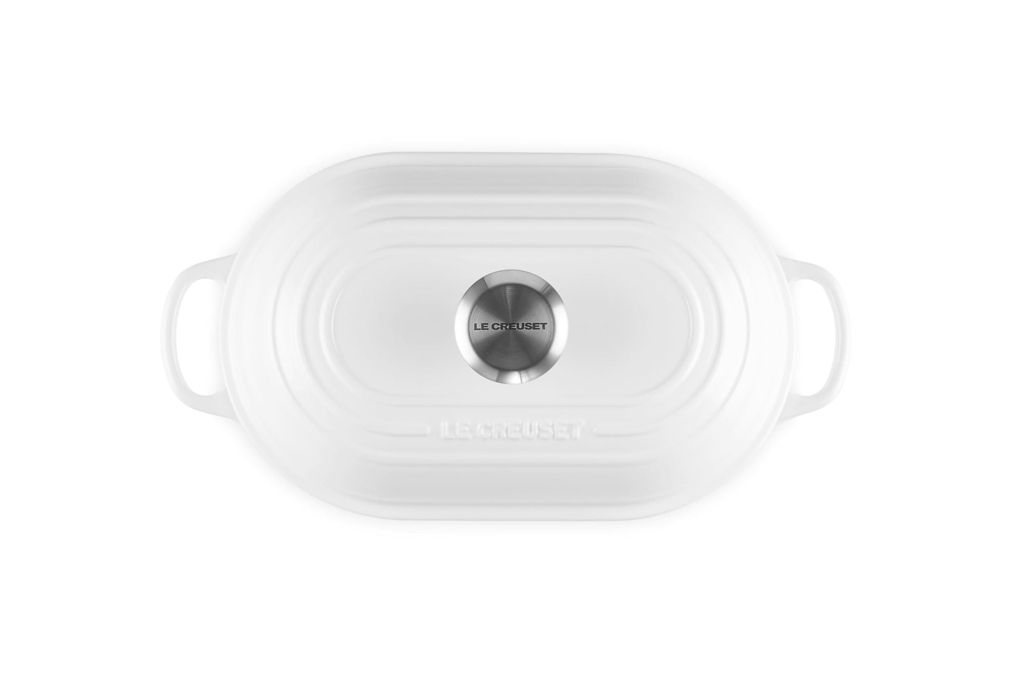 Top view of White bread oven pan with lid and handles displayed on a white background