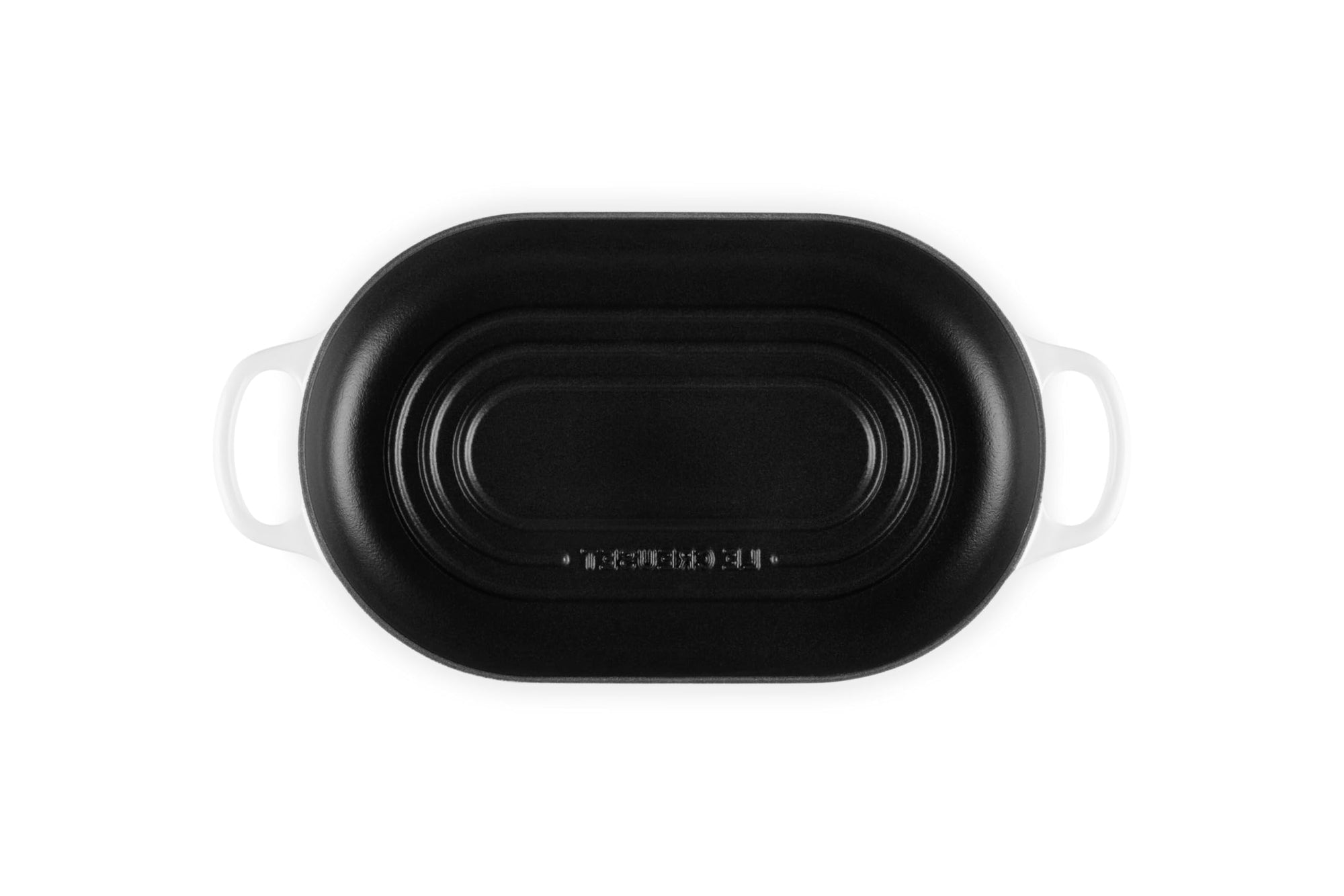 Top view of White bread oven pan with handles displayed on a white background