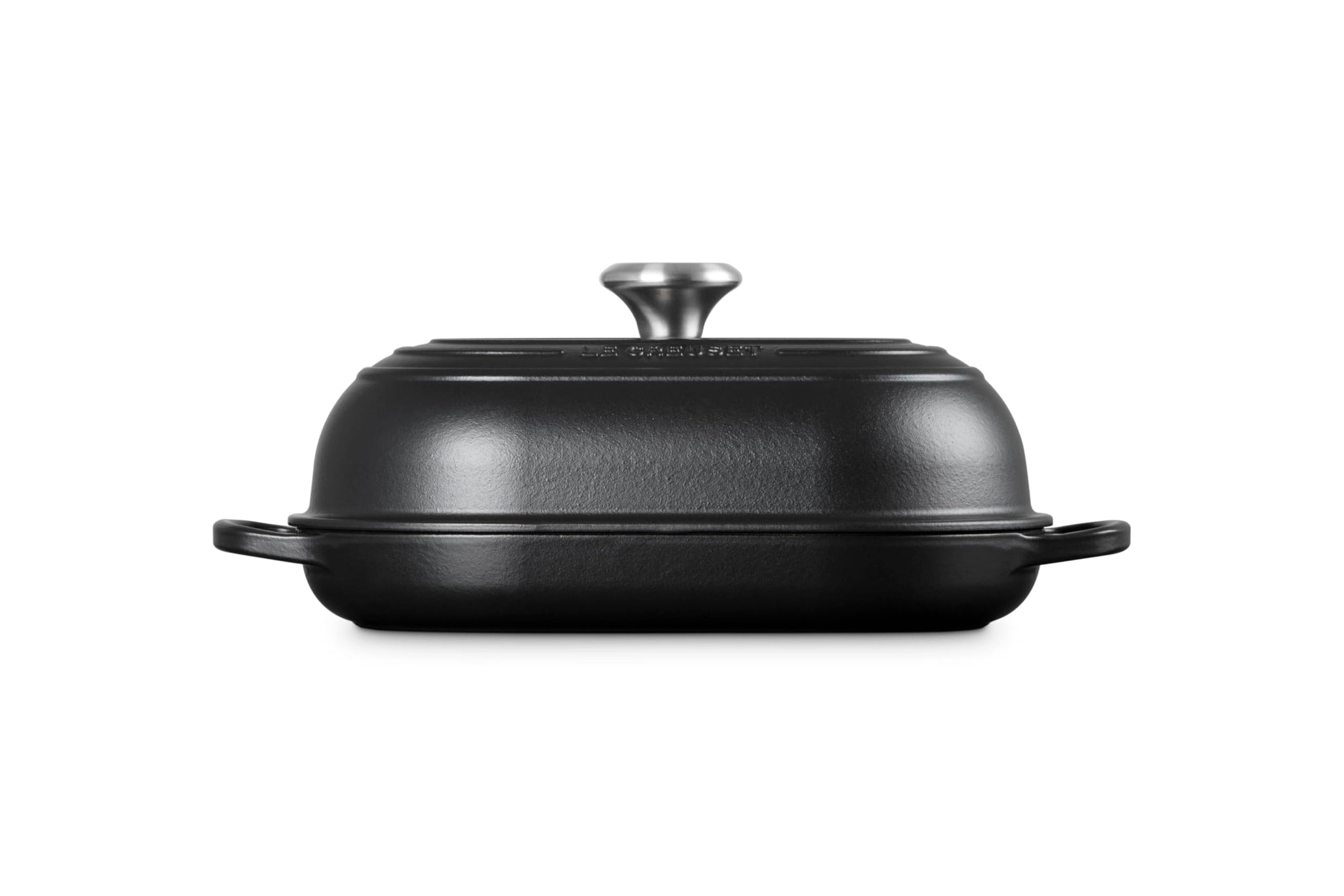 Side view of Licorice bread oven pan with lid and handles displayed on a white background