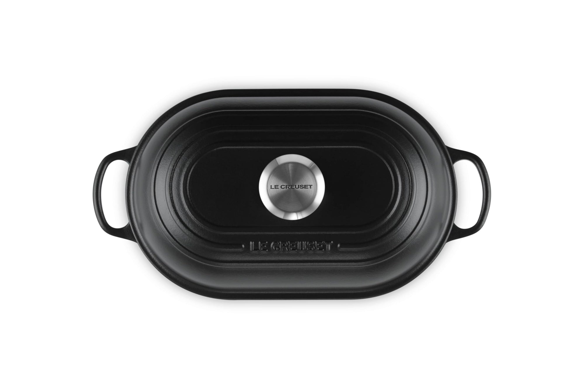 Top view of Licorice bread oven pan with lid and handles displayed on a white background