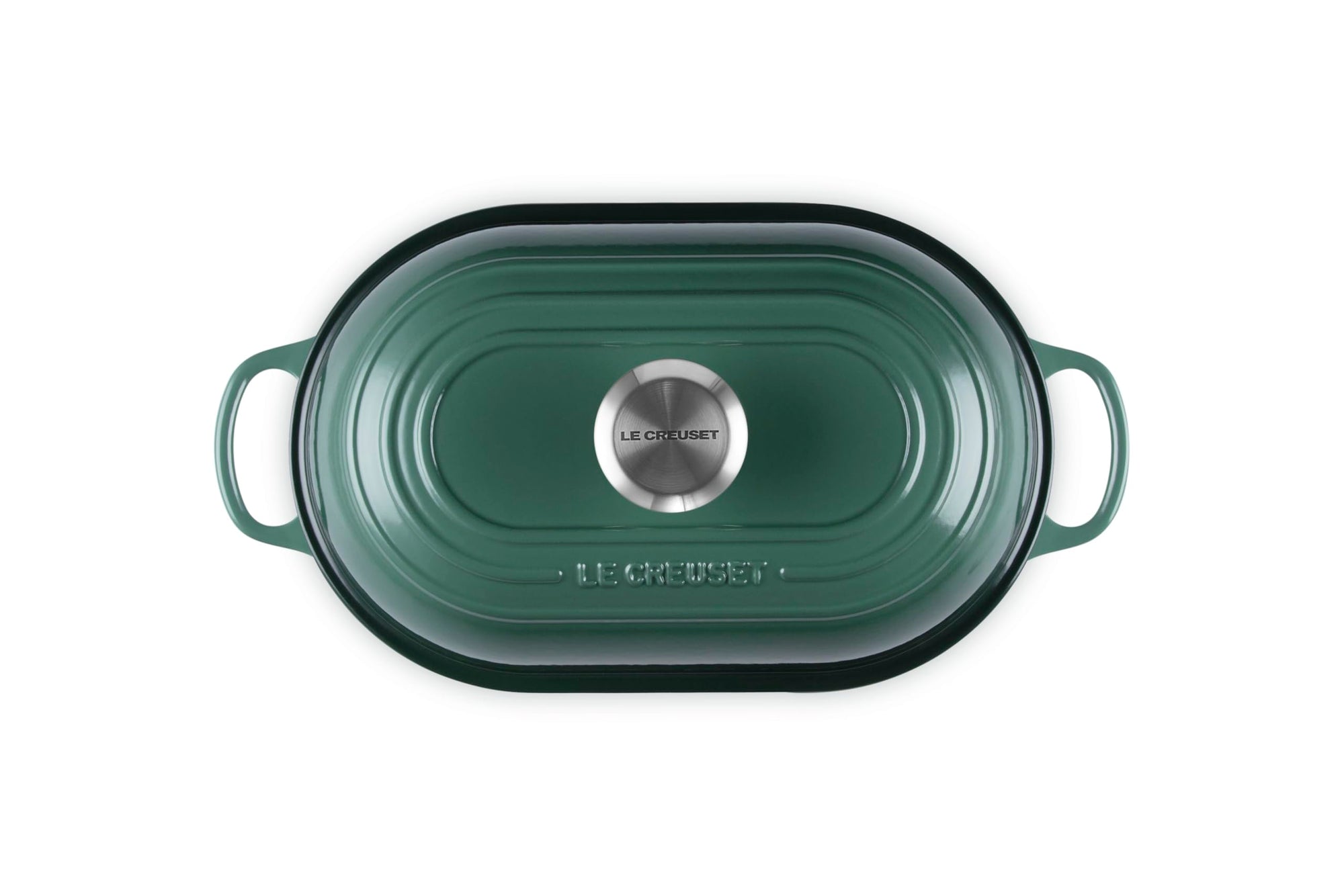 Top view of Artichaut bread oven pan with lid and handles displayed on a white background