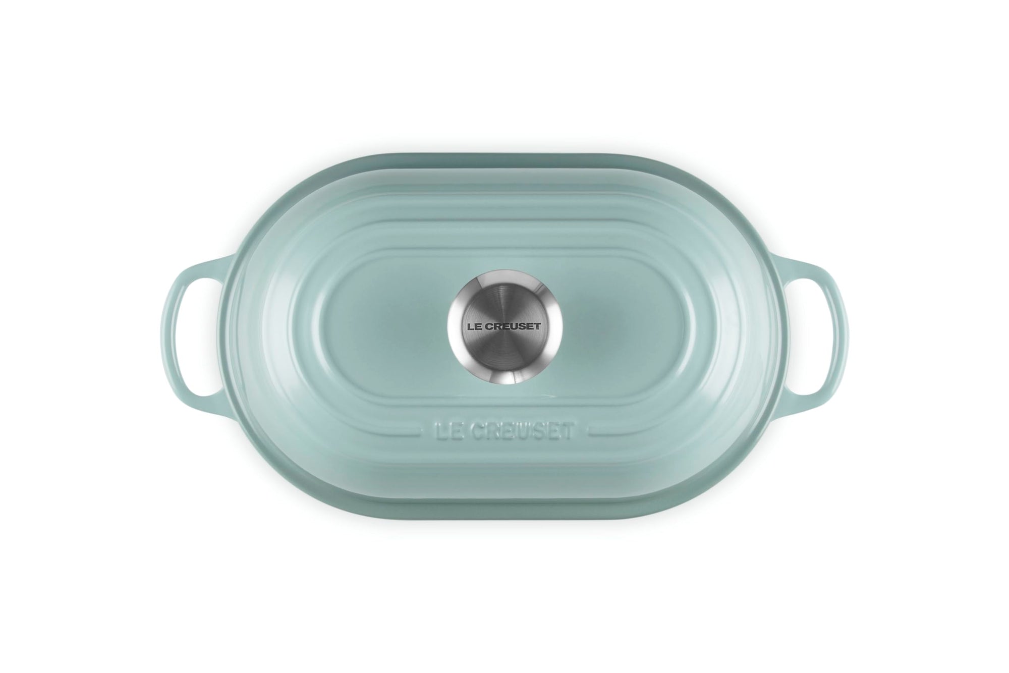 Top view of Seasalt bread oven pan with lid and handles displayed on a white background