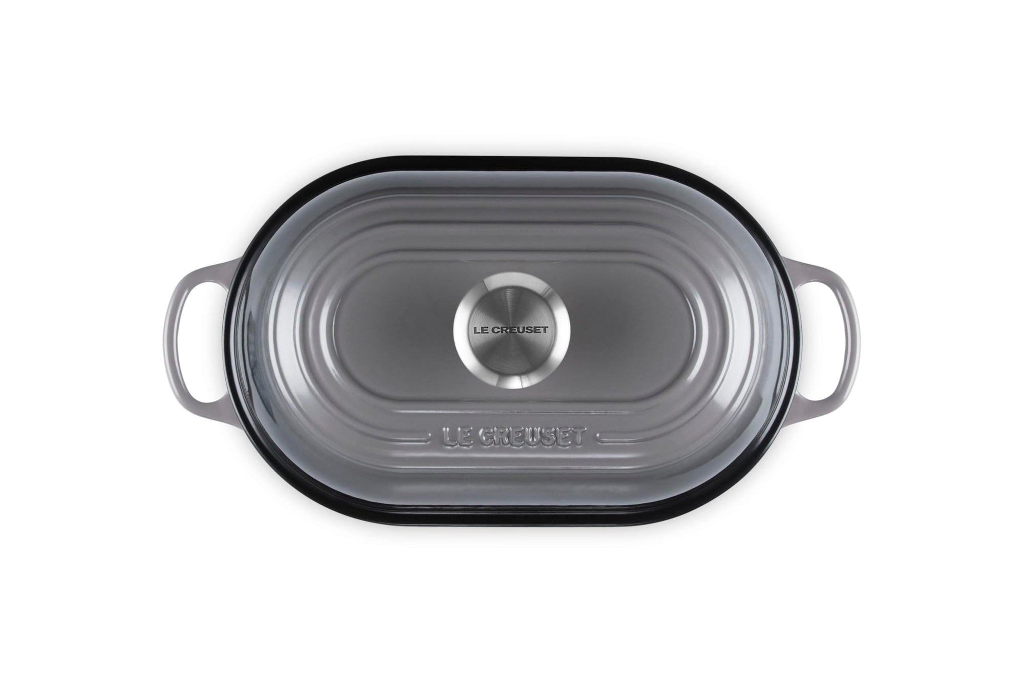Top view of Oyster bread oven pan with lid and handles displayed on a white background