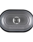Top view of Oyster bread oven pan with lid and handles displayed on a white background